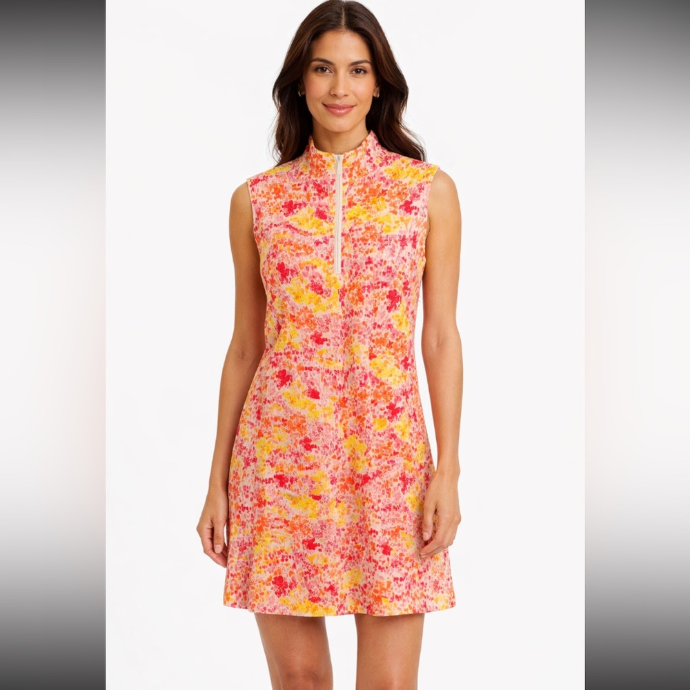 IBKUL Sonia Sleeveless Mock Neck Dress Hot Pink Orange UPF 50+ IceFil Medium